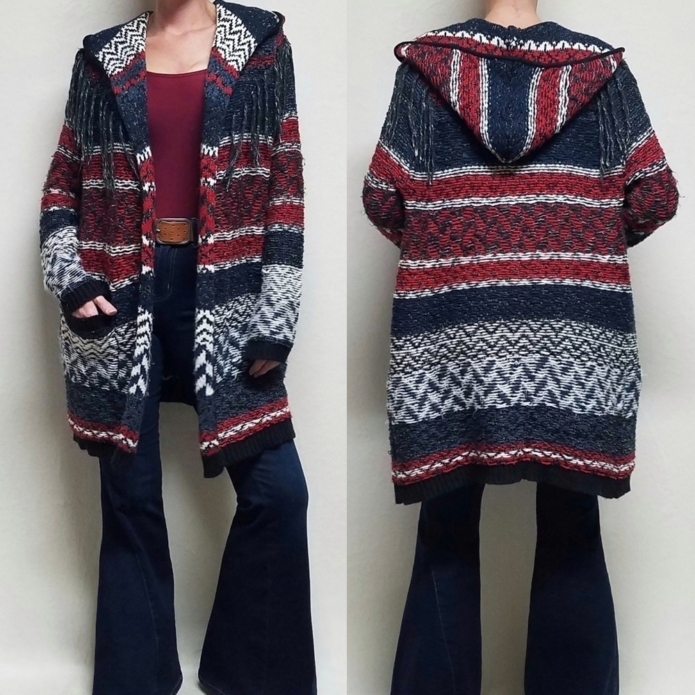 80s Vintage Westbound Multi-color Knit Aztec Print Fringe Trim Hooded Jacket L
